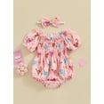 thumbnail image 2 of Infant Baby Girl Jumpsuit Cartoon Chicken Hen Print Short Sleeve Romper with Bow Headband, 2 of 7