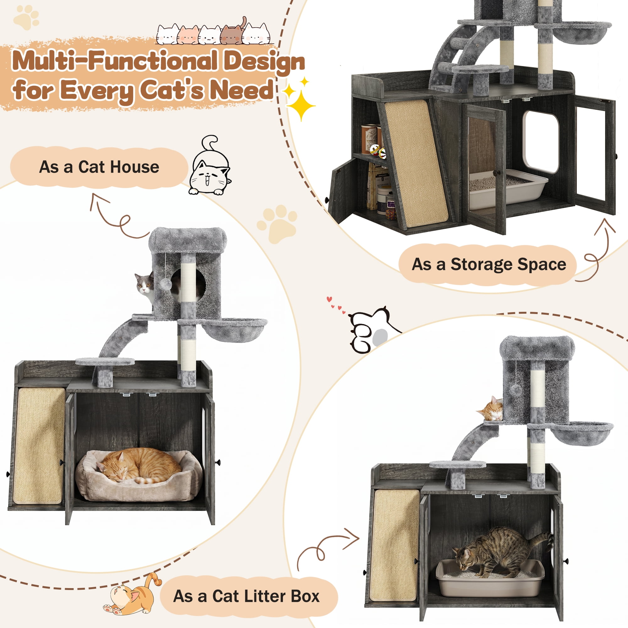 Aukfa 2-in-1 Cat Tree with Hidden Litter Box & RGB Lighting, Modern Multi-Level Cat Tower with Side Storage & Sisal Scratching Board,Gray