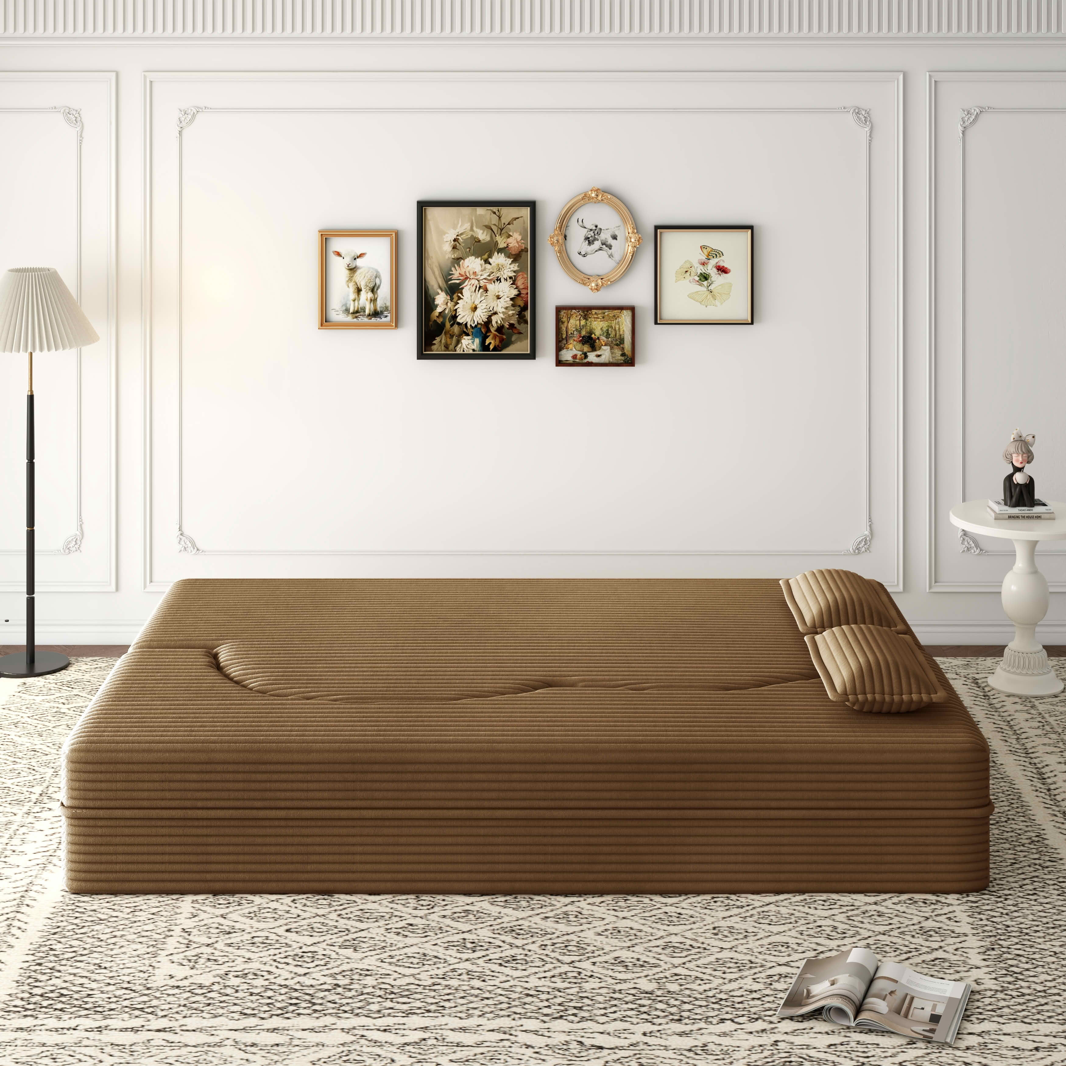 MAYEERTY Vacuum Compressed Corduroy Foldable Foam Sofa Bed, Full Size Zero Assembly Floor Sleeper with 2 Pillows