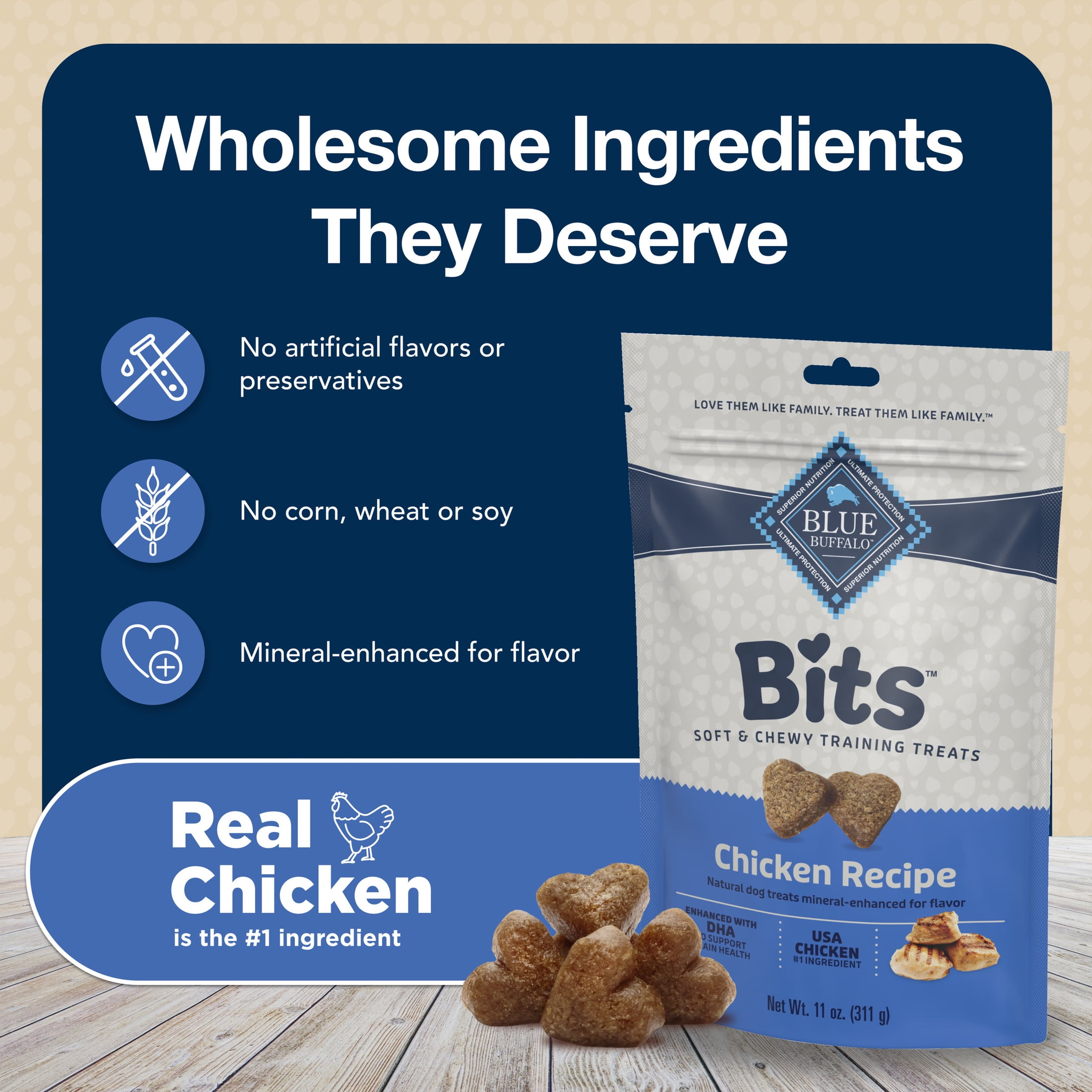 (4 pack) Blue Buffalo Bits Soft Dog Treats for Training, Enhanced with DHA, 11-oz. Bag