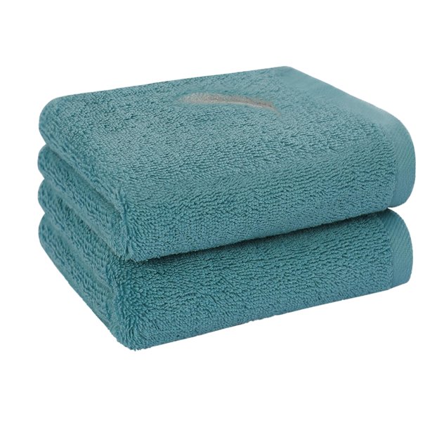 Embroidered Luxury Cotton Hand Towels Set of 2, 16" x 28", Teal Blue