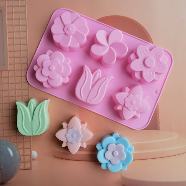Molde de silicona con forma de flores de 6 cavidades, juego de 3 piezas de tulipán mixto de silicona antiadherente, molde de margaritas para gelatina de chocolate, cubitos de hielo, 6 estilo