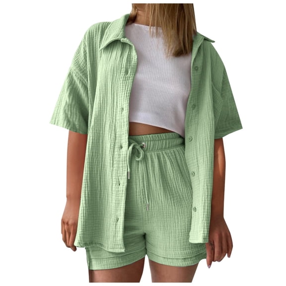 DHFJKG Womens 2 Piece Shorts Set Long Sleeve Button Up Collared Shirt Drawstring Shorts Solid Color Blouses Basic Top Summer Beach Vacation Clothes Versatile Outfit