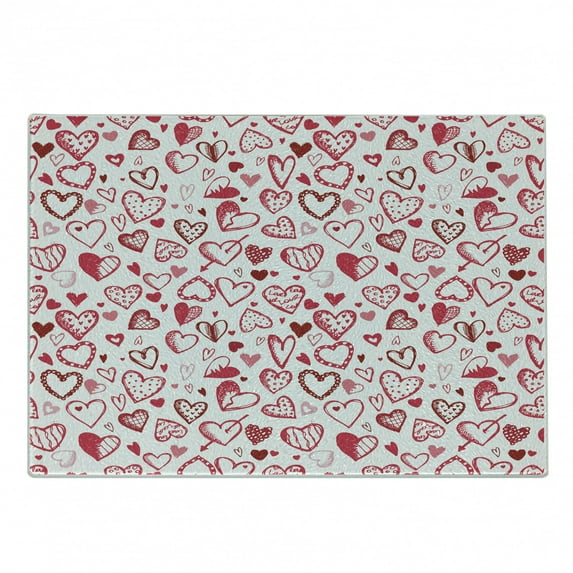 Love Cutting Board, Valentine Hearts Gatherings Engagement Honeymoon Arrow Doodle Style Print, Decorative Tempered Glass Cutting and Serving Board, Small Size, Magenta Ruby White, by Ambesonne
