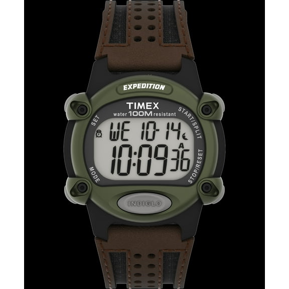 Timex Men's Expedition Digital CAT 39mm Watch – Green Case with Black & Brown Fabric & Leather Strap