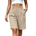 thumbnail image 5 of Puyaiuu Women Elastic High Waist Pleated Side Pocket Knee Length Bermuda Shorts Khaki S Gift, 5 of 6
