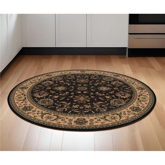 HomeRoots 574179 6 ft. Oriental Power Loom Round Rug, Black & Ivory