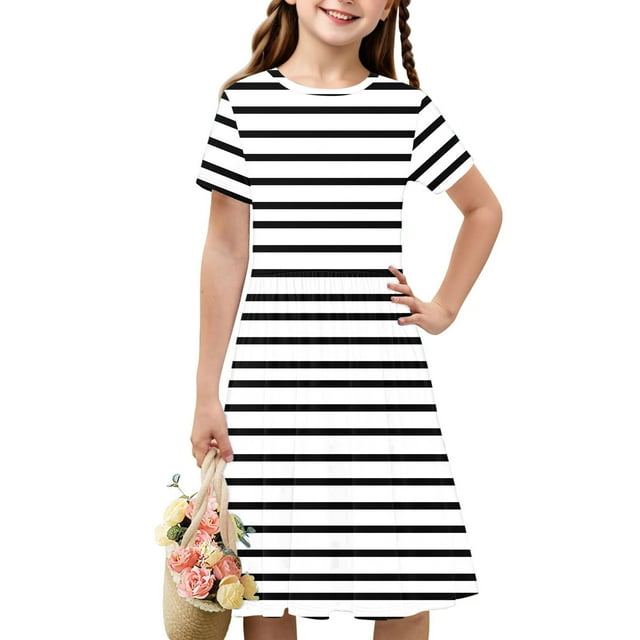Soldes de Liquidation Aujourd'hui Offres Iumwxz Robe Décontractée Trapèze Robe Tunique pour Adolescentes Robes Col Rond à Rayures Graphique Robe à Manches Courtes pour Enfants Robes Sport pour Vacances 4-14a