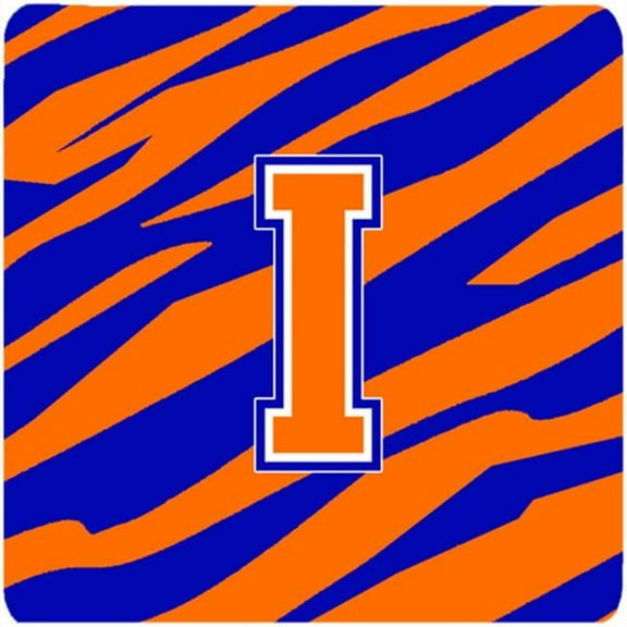 Monogram - Tiger Stripe - Blue Orange Foam Coasters, Initial Letter I - Set 4, 3.5 x 3.5 In.