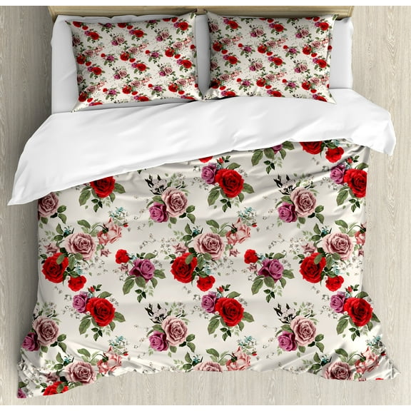 Shabby Flora Duvet Cover Set, Summer Spring Romantic Valetines Day Themed Flowers Rose Leaf, Decorative 3 Piece Bedding Set with 2 Pillow Shams, Calking Size, Forest Green Lilac, by Ambesonne