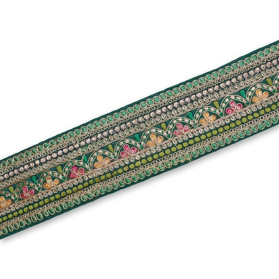 2.5 Inch Multicolored Floral Metallic Embroidered Plain Woven Corded Trim By The Yard For Sewing, Crafts, Decor, & Upholstery Projects (Hunter Green / 1 Yard)