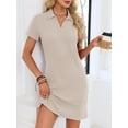 thumbnail image 4 of jinghuiyue Womens Summer Casual Dress Collared V Neck Short Sleeve Waffle Knit Stretch Mini T Shirt Dresses L, 4 of 7