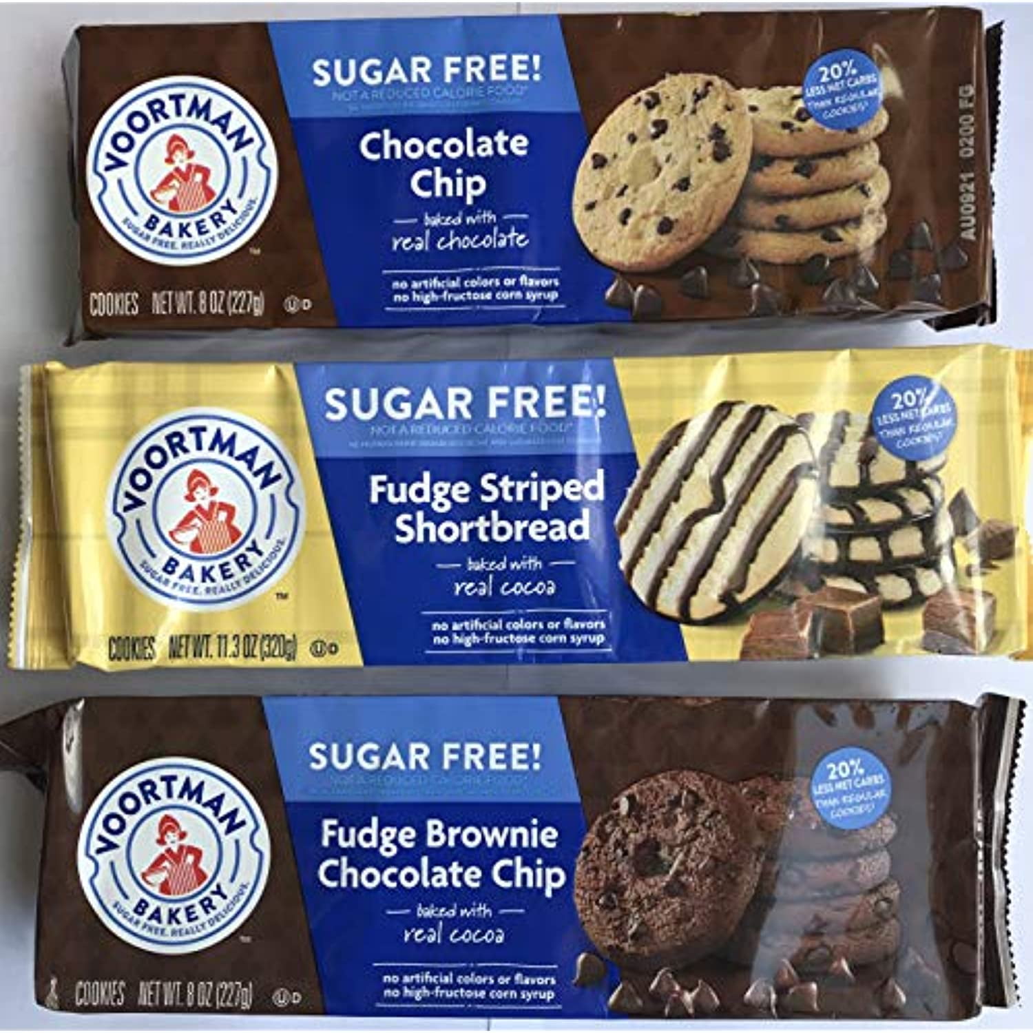 Voortman Sugar-Free Cookies, Fudge Brownie Chocolate Chip/Fudge Striped Shortbread/Chocolate Chip/ Chocolate Lovers 3 Pack Bundle 8Oz-11Oz Each