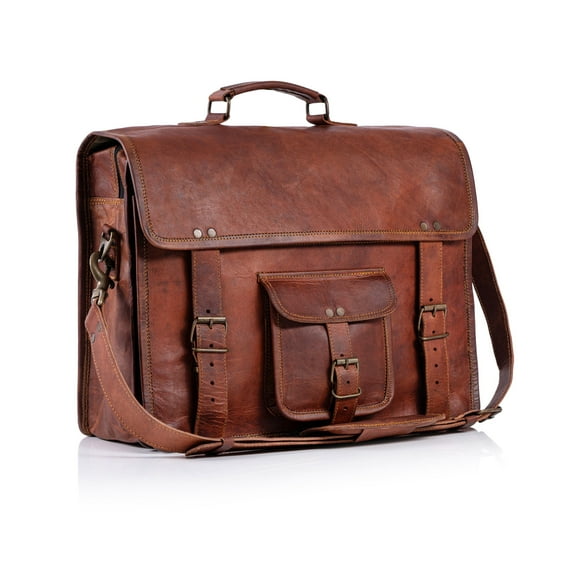 18-Inch Full Grain Leather Laptop Messenger Bag – Office Briefcase Satchel for Men and Women with Adjustable Strap and Lockable Compartments