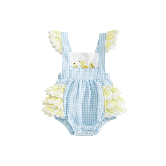 BemeyourBBs Newborn Baby Girl Duck Outfit Summer Clothes Infant Plaid Bubble Romper 0 3 6 12 18 Months Cute Duck Embroidery Fly Sleeve Ruffled Bodysuit Jumpsuit Playsuit