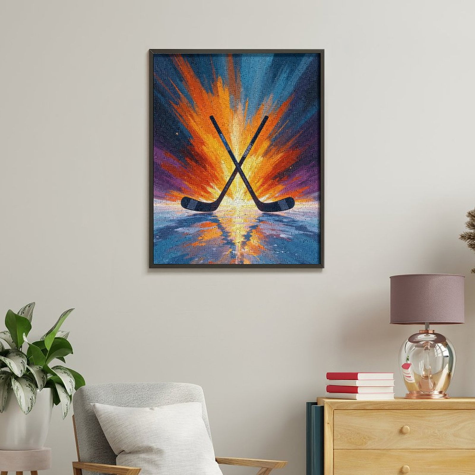 Paint by Numbers Kit for Adults, Hockey Sticks Fiery Sky Reflection Paint by Numbers, Easy Paint by Numbers Kit for Adults Beginner, DIY Adult Paint by Number Kits on Canvas, Home Decor