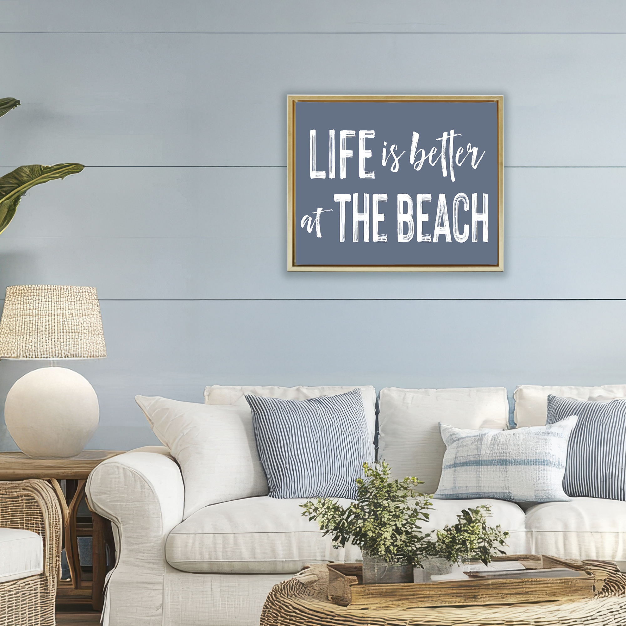 Life Better At Beach Blue Gold Framed Floater Canvas Wall Art, design by Lettered and Lined
