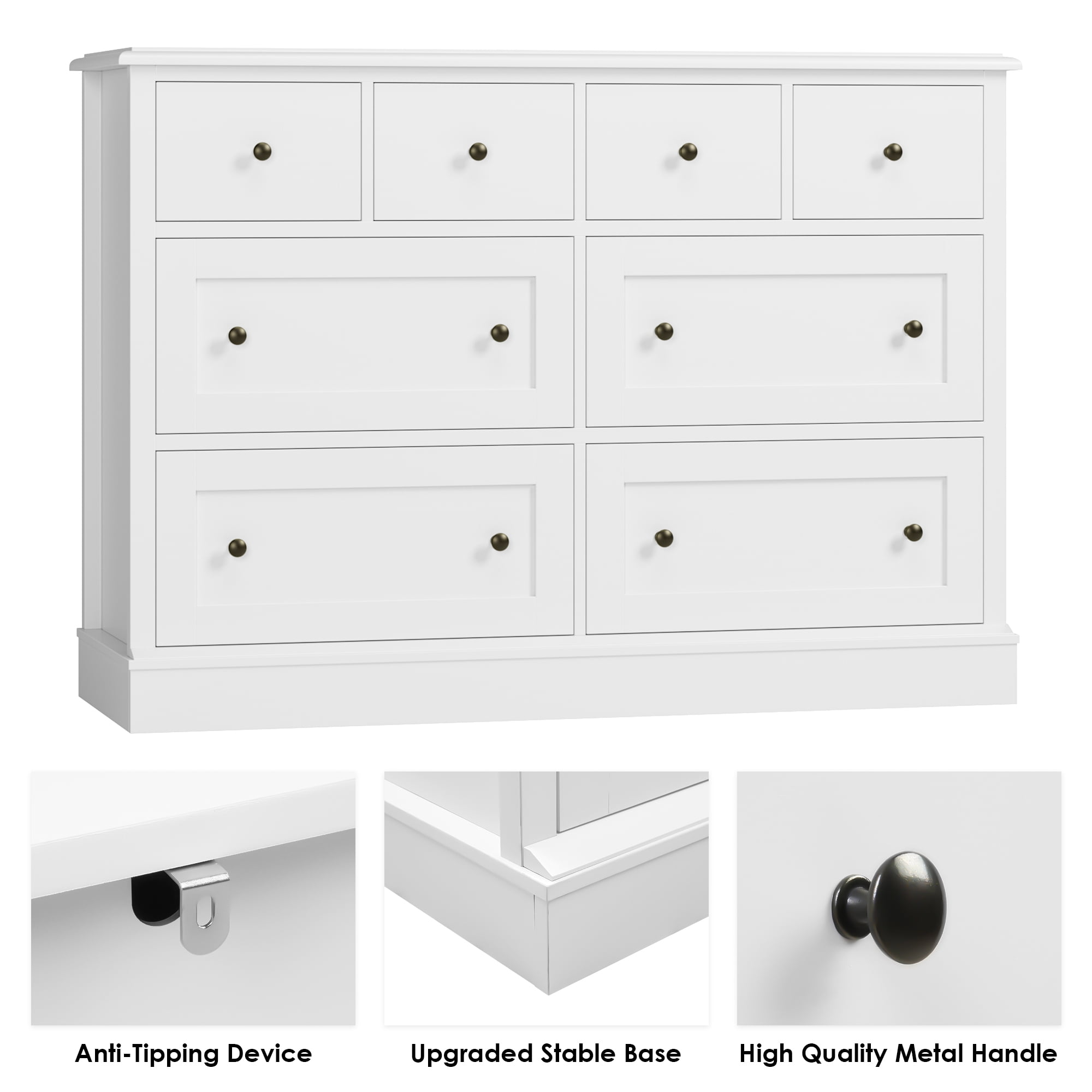 Homfa 8 Drawer Horizontal Combo Dresser for Bedroom, Modern White Chest of Drawers Wood Storage Cabinet for Living Room