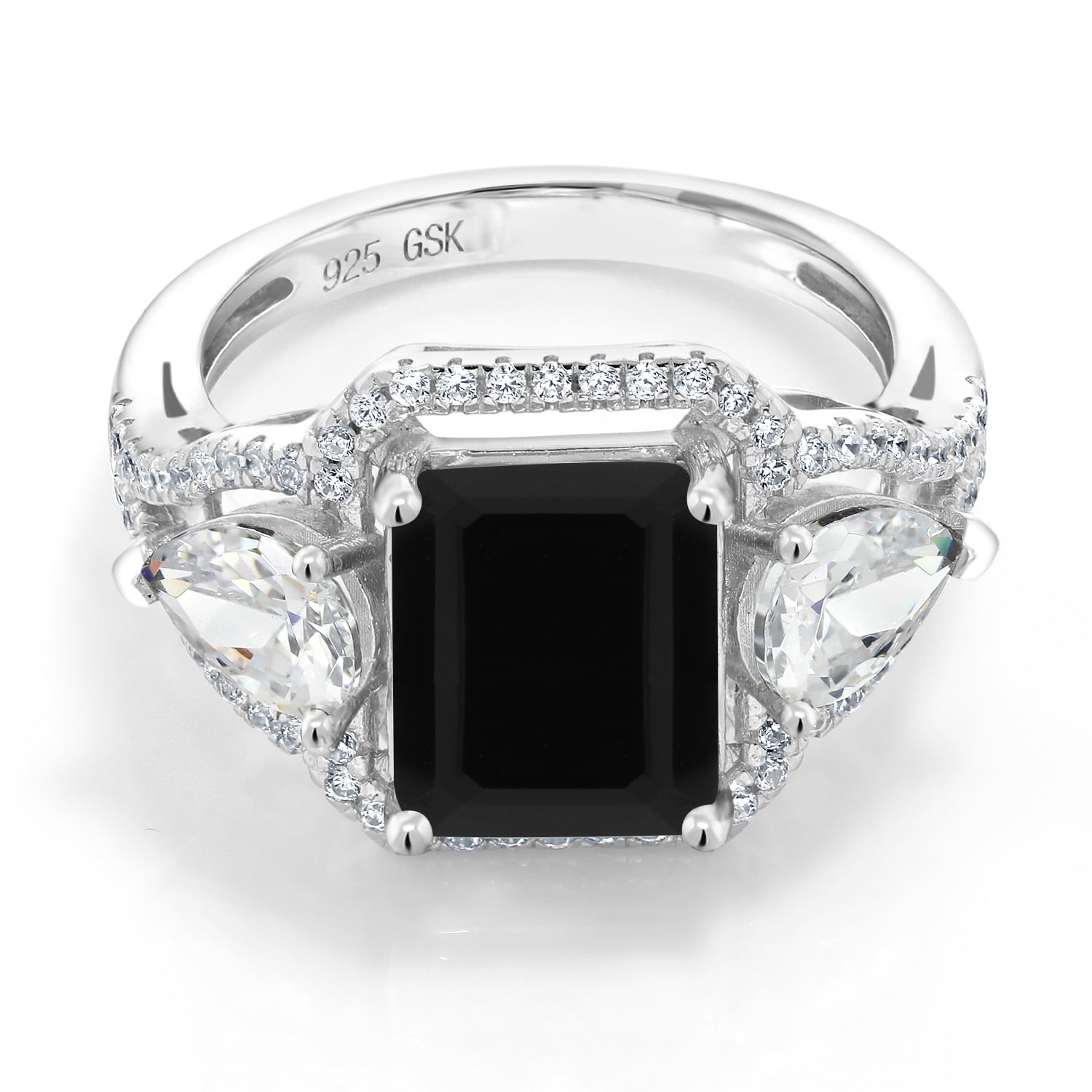 Gem Stone King 3.92 Cttw Black Onyx Ring for Women | 925 Sterling Silver | Emerald Cut 10X8MM | Gemstone December Birthstone | Wedding Engagement Anniversary Promise Ring for Women | Size 9