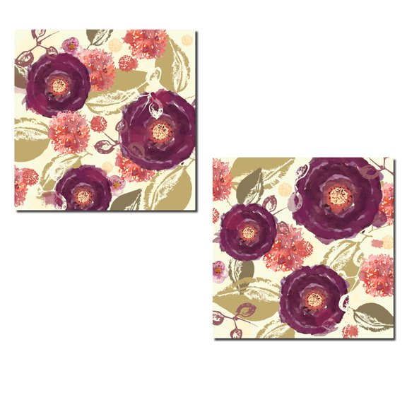 2 Lovely Popular Colorful Watercolor-Style Mulberry Floral Medley; Floral Decor; Two 12x12 Poster Prints. Purple/Green