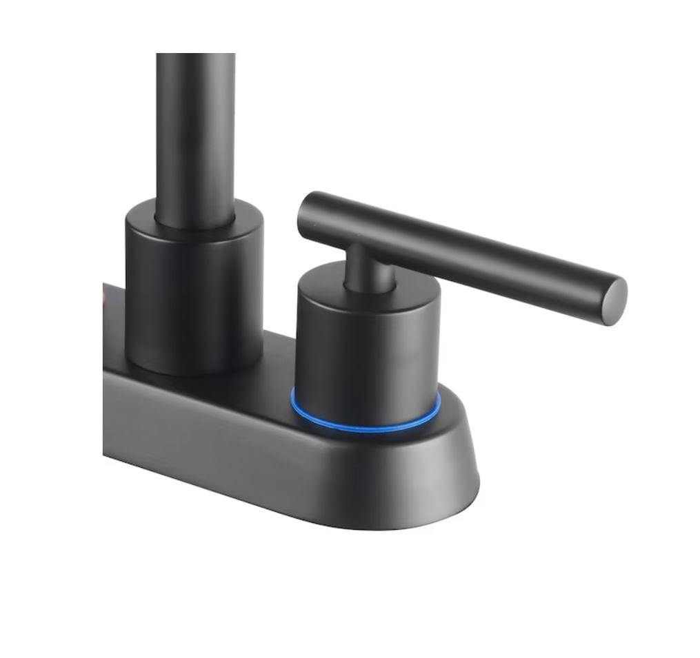 Project Source Larton Matte Black 4-in centerset 2-handle WaterSense High-arc Residential Handle Bathroom Sink Faucet with Drain with Deck Plate