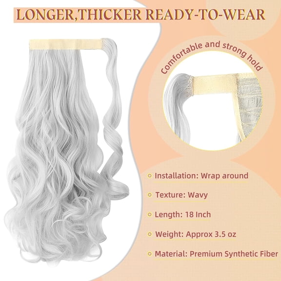 WEIF-18" Ponytail Extension Curly Wavy Clip in Hairpiece Wrap Around Long Pony Tails Hair Extensions Synthetic for Women Silver Grey