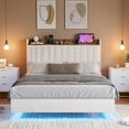 thumbnail image 4 of Modern Floating Platform Bed Frame with LED Lights & Charging Ports – Upholstered Storage Headboard – Sturdy Wood Slats – Easy Assembly – No Box Spring Needed – King Size – Beige, 4 of 7