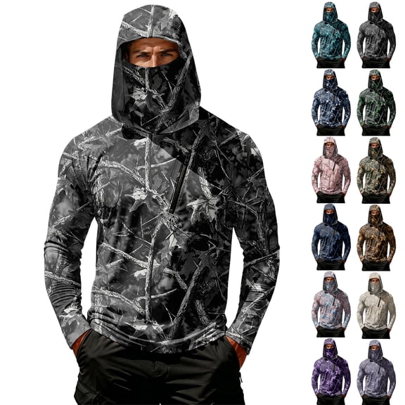 Men Hooded Long Sleeve Sun Protection Jacket Camouflage Print Lightweight Pullover Outdoor Casual Top with Zipper Pocket