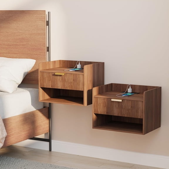 Floating Nightstand Set of 2 with Charging Station Wall Mounted Bedside Table with Drawer and Open Shelf Minimalist Wooden Design Walnut Brown