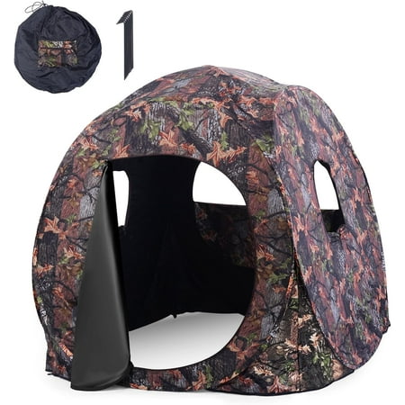 HAPPYGRILL Pop Up Hunting Blind Portable Ground Blind Waterproof Hunting Tent for 2-3 People Camouflage Hunting Tent with 360 Degree Mesh Windows