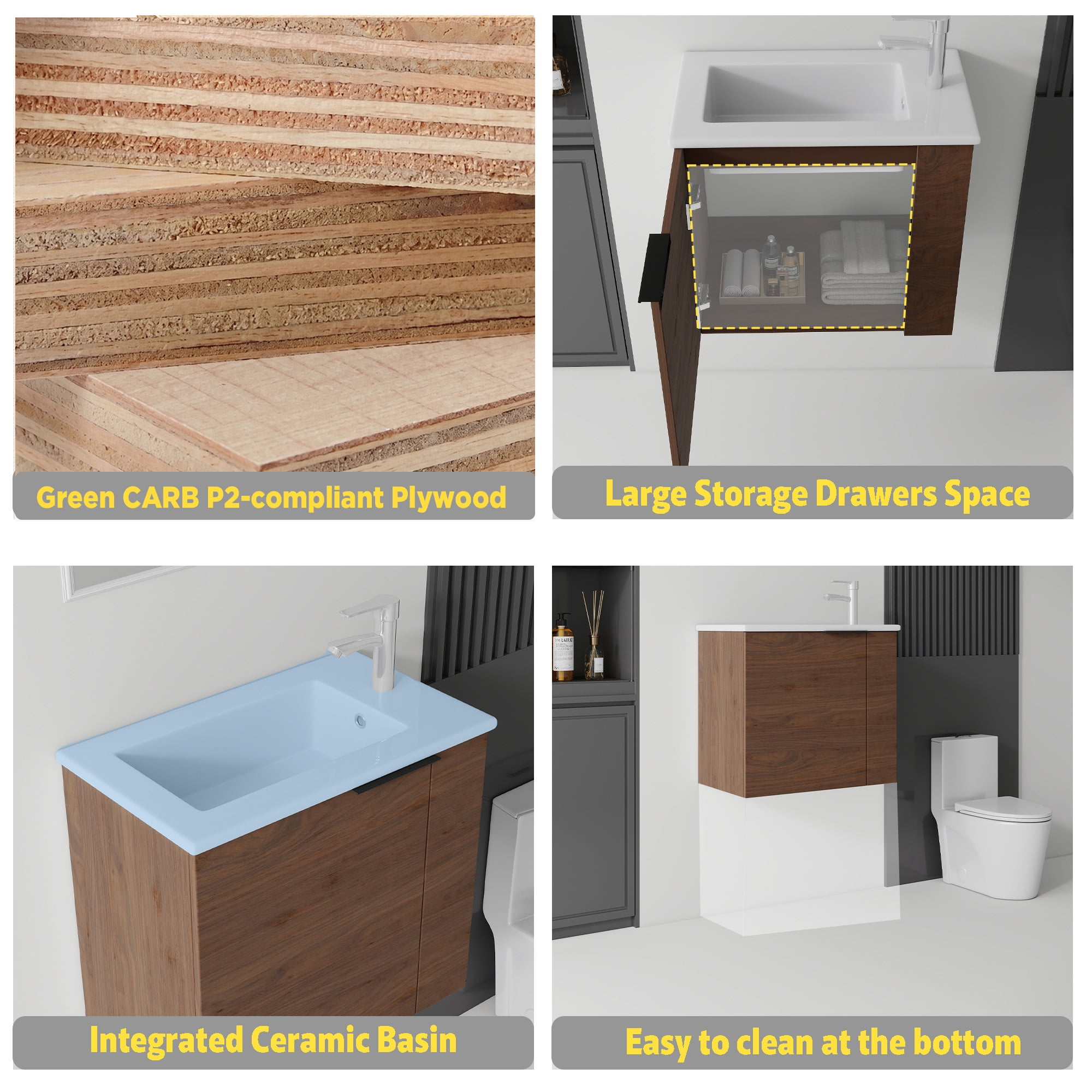 Leumius 22" Floating Bathroom Vanity with Ceramic Sink & Soft-Close Doors,Wall-Mounted Vanity for Small Space,Bathroom,Brown