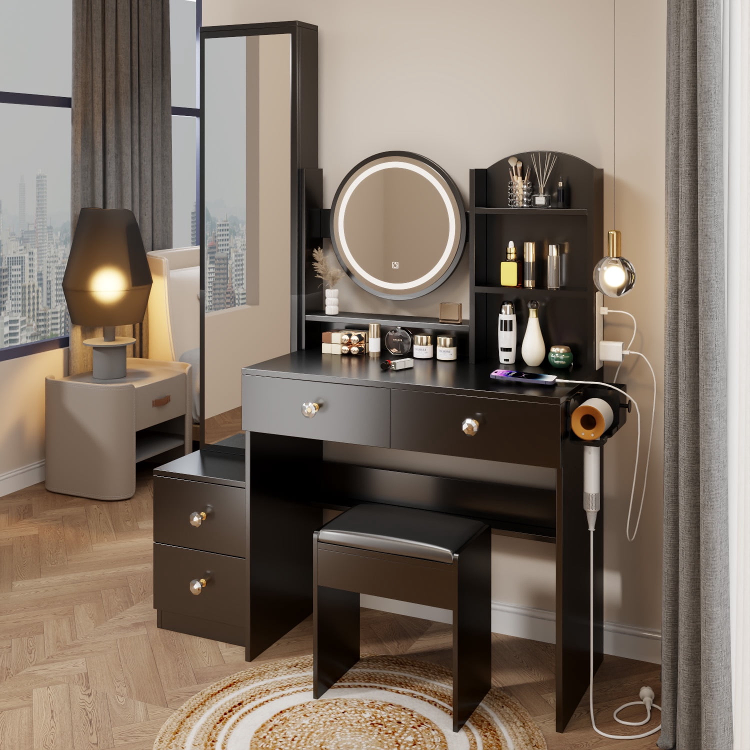 PORKISS Black Makeup Vanity Table Set, Modern Makeup Vanity with Full Body Mirror Cabinet, Power Station and Stool, Wood Vanity LED Mirror with 3-Color Light and Drawers for Bedroom