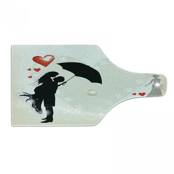 Wedding Cutting Board, Couple in Love Umbrella Red Hearts Daisies Romance in the Air Celebration, Decorative Tempered Glass Cutting and Serving Board, Wine Bottle Shape, Black White Red, by Ambesonne