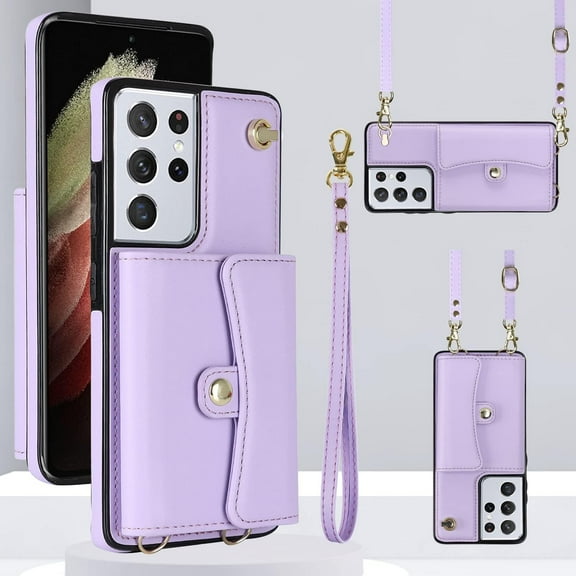 Phone Case for Samsung Galaxy S21 Ultra 5G Wallet Cover with RFID Blocking Credit Card Holder Wrist Crossbody Strap Lanyard Stand Cell Accessories S21ultra 21S S 21 21ultra G5 Women Men Purple