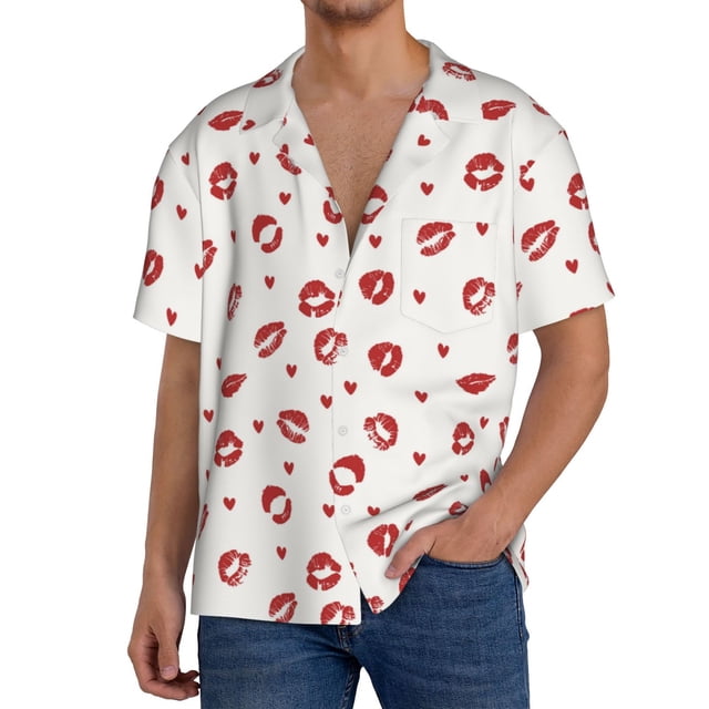 Balery Lips Kiss Camisa Casual de Manga Corta con Botones para Hombre, Texturizada, Estilo Cubano, para Playa, Verano-Medium