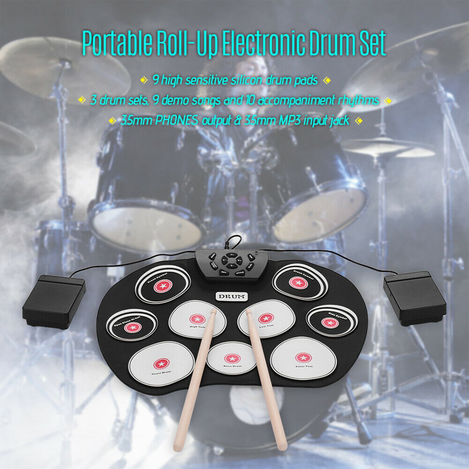 entertainment party instruments,Light Blue 7-key drum set suitable for beginners adults and children to practice drums portable folding two pedals Hand-rolled silicone folding drum set 