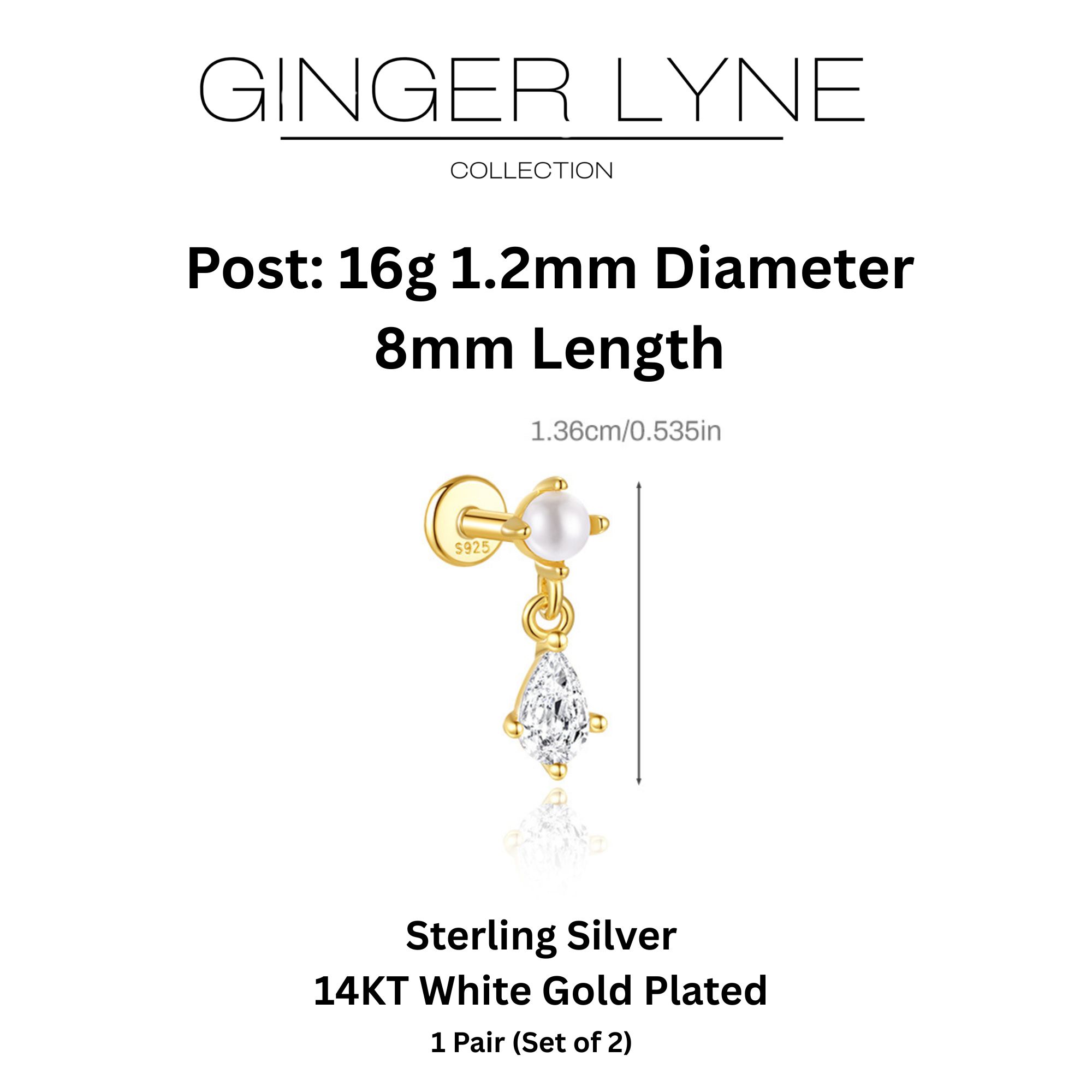 Pearl Dangle Flat Back Earrings for Women Sterling Silver 16g Cartilage Helix Lobe Body Piercing Stud Ginger Lyne