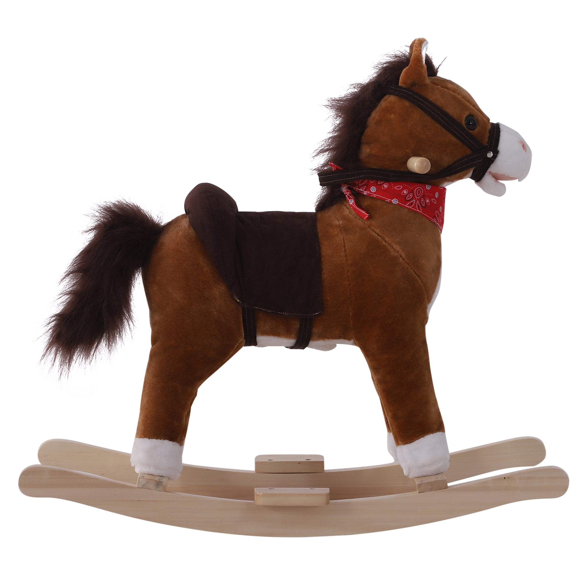 Qaba Kids Ride On Rocking Horse Plush Toy with Realistic Sounds and Red Scarf for Over 3 Years Old Birth Gift,Brown Plush Toys Kids Bikes Riding Toys