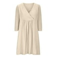 thumbnail image 4 of Linen 3/4 Sleeve Dress for Womens Deep V Neck Sundress Baggy Boho Pleated Sundress Cover Up Solid Basic Tunics Dresses Going Out Holiday Beach Outfits, 4 of 6