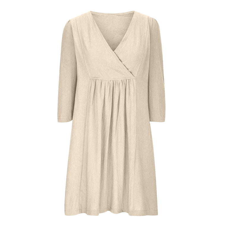 Odbmxy Mini Dresses for Women Tunic 3/4 Sleeve Cotton Linen Dress Women Solid Color Camping Loose Pleated Fancy Dresses,Beige XL, Women's