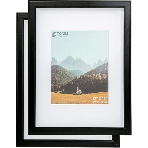 AmPm 16x20 Photo Picture Frame, Black Wood Frame, 2-Pack, with 12x16 Mat and Plexiglass (Black, 16 x 20 (Set of 2))