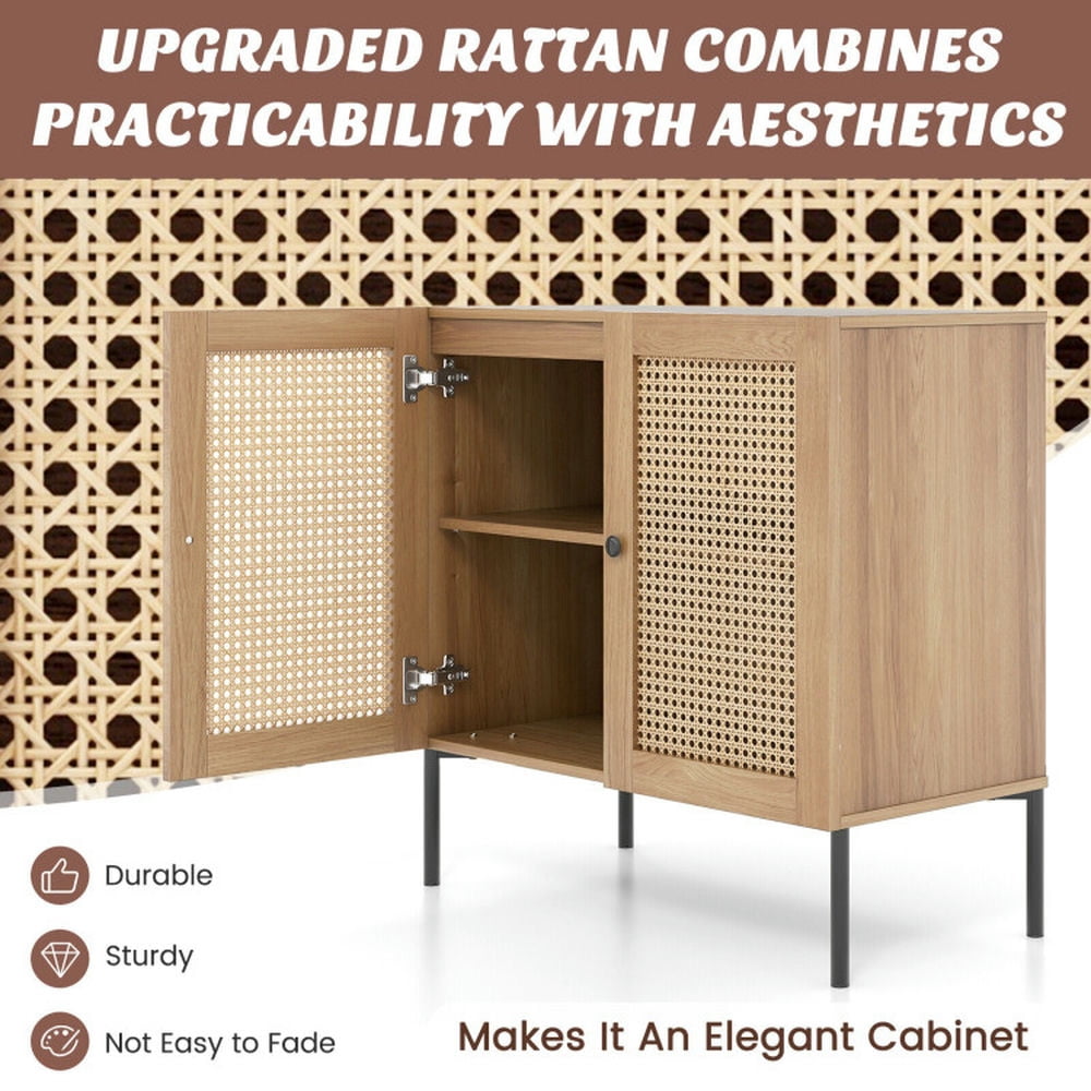 Finihen Kitchen Storage Cabinet, Buffet Sideboard, Kitchen Sideboard with 2 Rattan Doors and Adjustable Shelf, for Dining Room, Kitchen, Living Room, Natural Finihen Kitchen Storage Cabinet, Buffet Sideboard, Kitchen Sideboard with 2 Rattan Doors and Adjustable Shelf, for Dining Room, Kitchen, Living Room, Natural