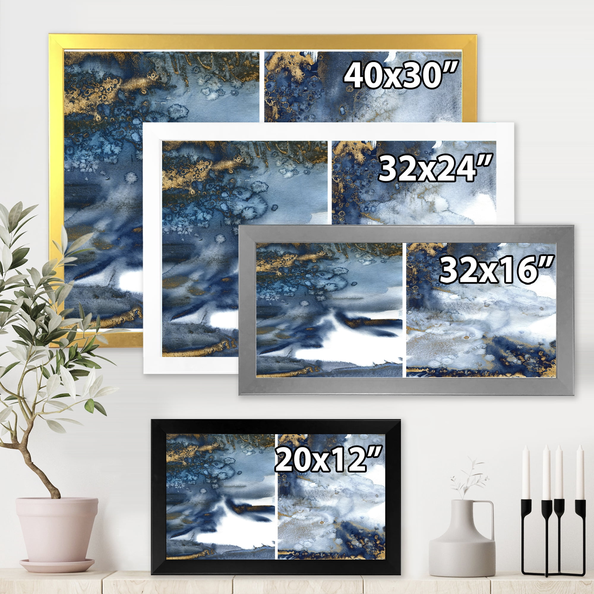 Designart 'Gold and Dark Blue Abstract Waves IV' Modern Framed Art Print