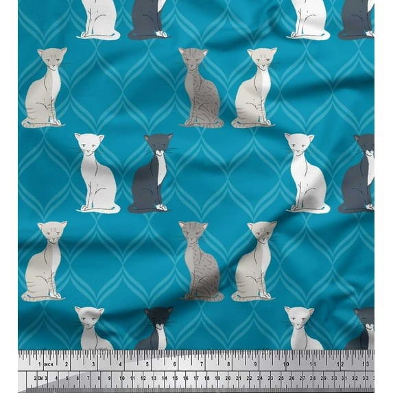 Soimoi Blue Moss Georgette Fabric Quatrefoil Cat Animal Printed Fabric 1 Yard 44 Inch Wide