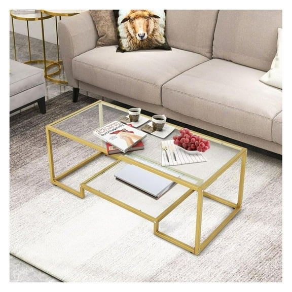 Coffee Table with Glass Top, 45" Modern 2-Tier Rectangular Living Room Table, Gold Steel Frame, Space Saving Design