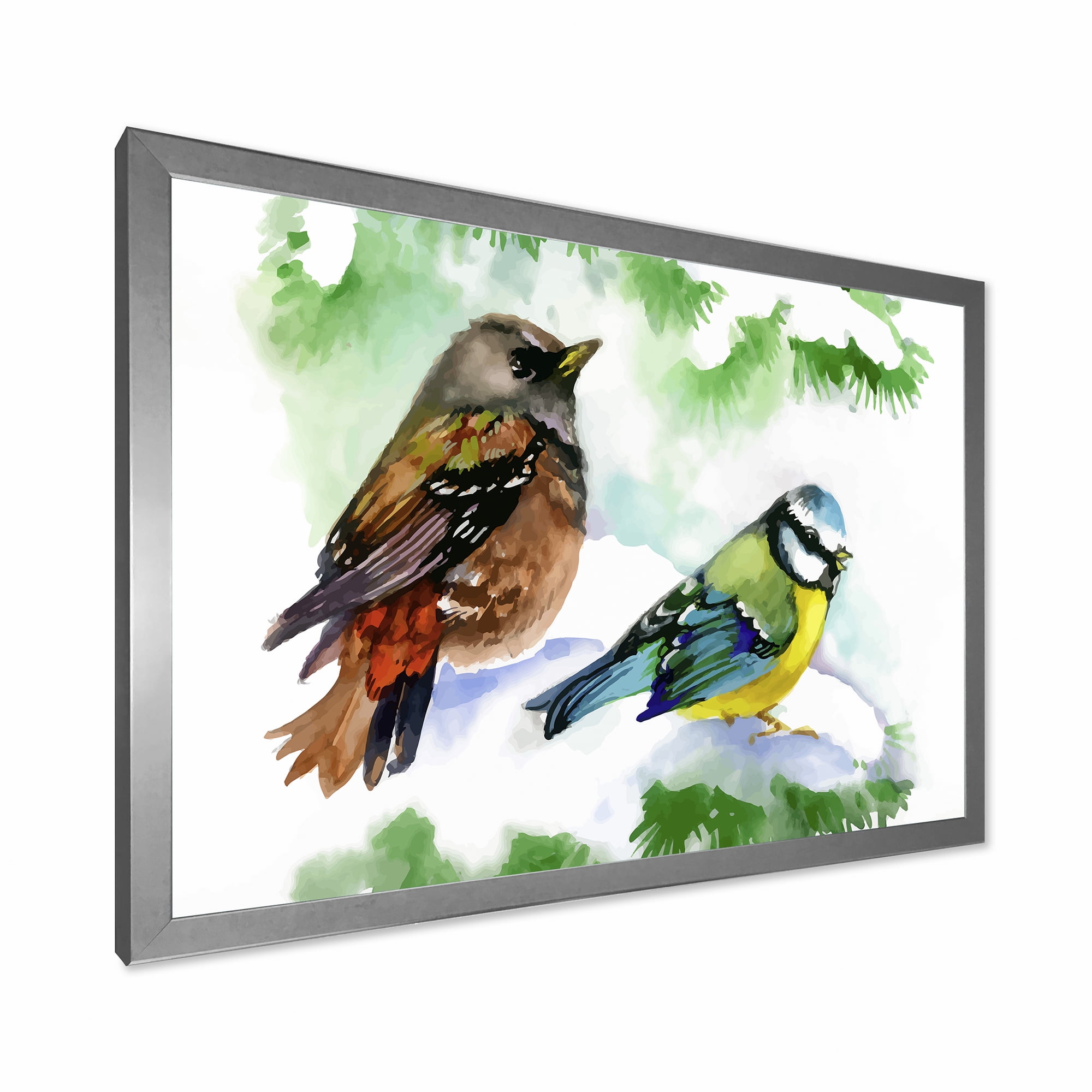 Designart 'Forest Birds Sitting On Snowy Fir Tree Branch' Traditional Framed Art Print