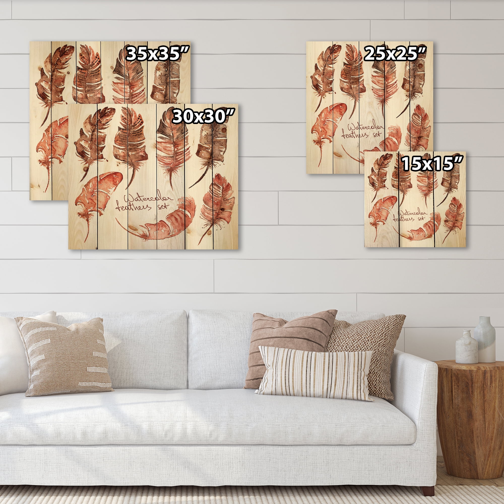Designart 'Boho Art Feather Icons' Bohemian & Eclectic Print on Natural Pine Wood
