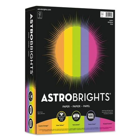 Astrobrights Color Paper - "Happy" Assortment, 24lb, 8 1/2 x 11, 5 Colors, 500 Sheets -WAU21289