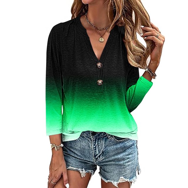 AOOCHASLIY Ladies' Clothes Clearances Womens 3/4 Sleeve V Neck Buttons Tee Gradient Color Blouse Loose Fit Tshirts Fall Tunic