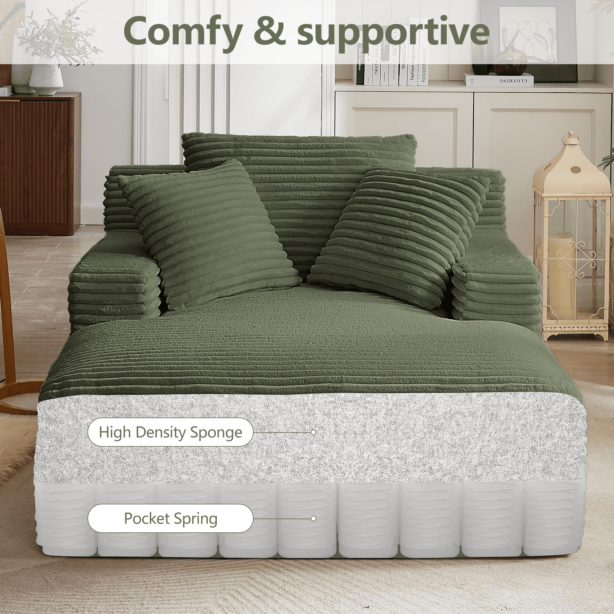 GNIXUU 50" Oversized Chaise Lounge Sofa Chair Indoor, Modern Corduroy Sleeper Sofa Cloud Couch with 3 Soft Pillows, Comfy Single Seat Floor Sofa for Living Room, Apartment, Office (Green)